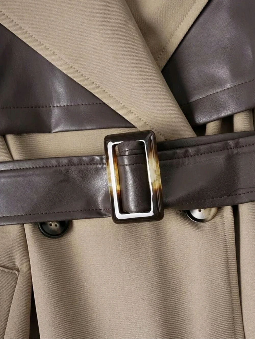 Women's Colorblock Double-Breasted Trench Coat With Contrast Pockets And Belt - Picture 4 of 6